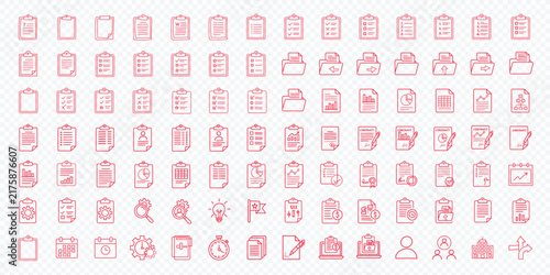 Hand drawn office icons set, sketch style business symbols, doodle design elements, pink line art vector illustrations, documents and tools, creative administrative graphics for website and