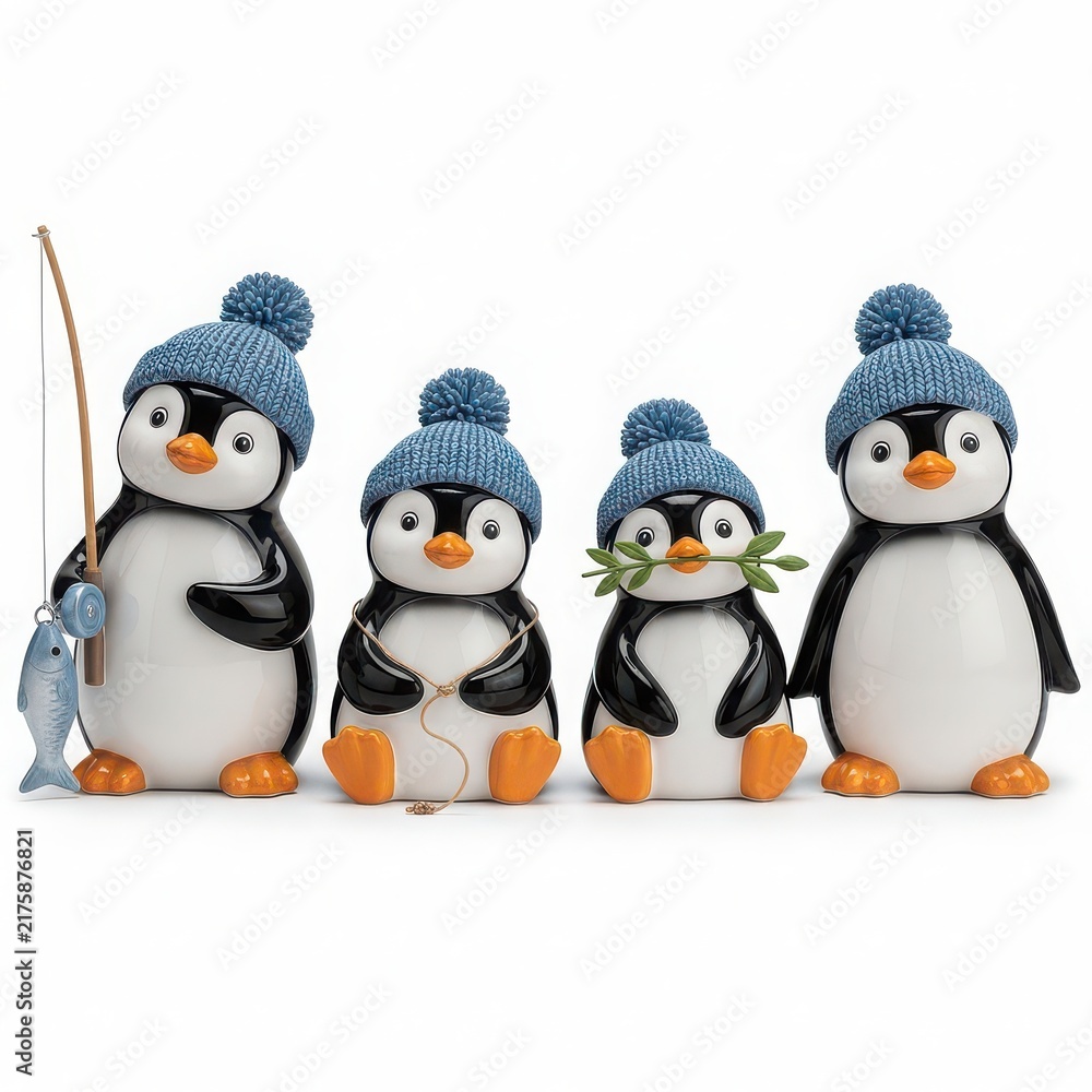 Fototapeta premium Four cute penguin figurines wearing blue winter hats