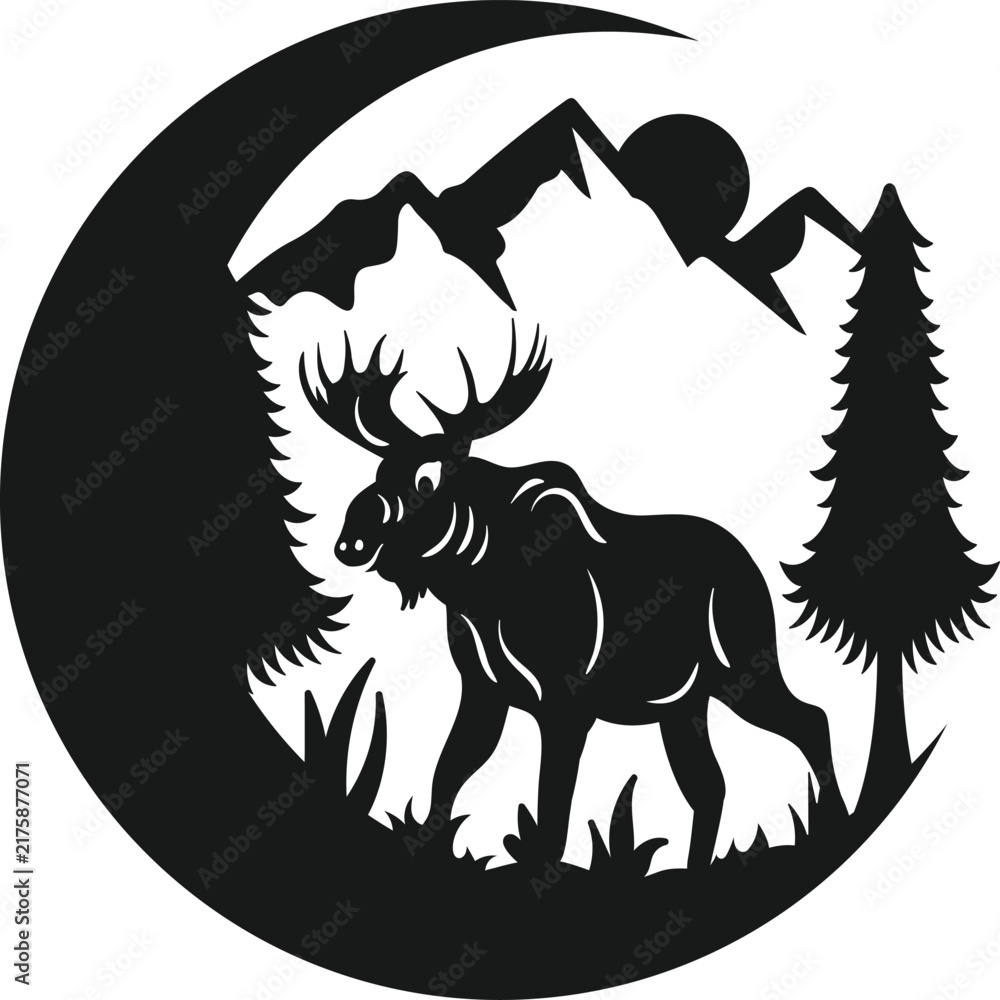 Naklejka premium Moose Crescent Moon Forest Silhouette Art