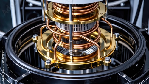 detailed golden hardware of a dilution refrigerator for subatomic particle experimentation