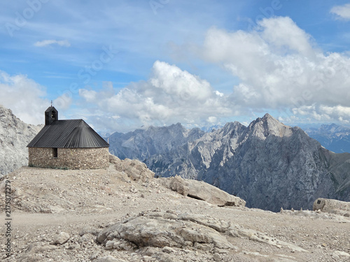 Chapel Mariä Heimsuchung und Zugspitzplatt plateau below the summit of Zugspitze in the German Alps
