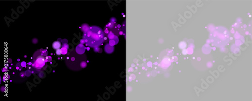A vibrant cluster of glowing purple bokeh lights scatters diagonally across a black background. The circles vary in size with soft edges and a rich violet hue.