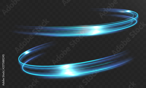 Glowing Blue Neon Light Trails with Curved Energy Lines on Transparent Background