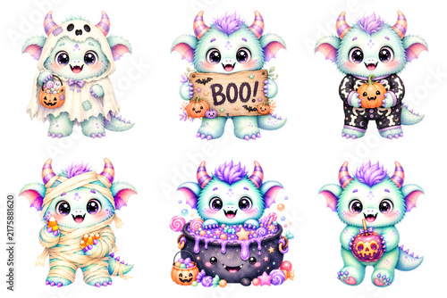 Cute Baby Monster with Halloween sign and Decoration in Party Watercolor Illustration Isolated on Transparent Background.