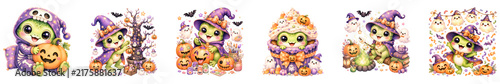 Cute Frog Witch with Pumpkins and Decorations Halloween Watercolor Illustration Isolated on Transparent Background.