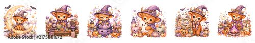 Cute Highland Cow Witch with Halloween Watercolor Illustration Isolated on Transparent Background.