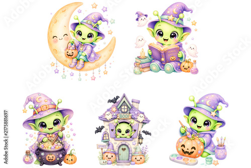 Cute Baby Alien in Halloween with Candy, Pumpkin and Ghost Watercolor Illustration Isolated on Transparent Background.