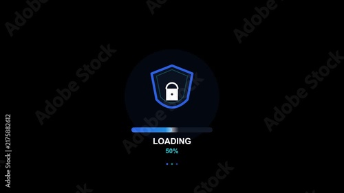 Security lock loading bar with percentage complete on a dark background, indicating protection and data safety