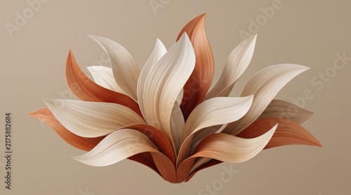Abstract 3d rendering of a stylized plant with layered petals in shades of cream and terracotta, featuring a textured surface against a neutral beige background