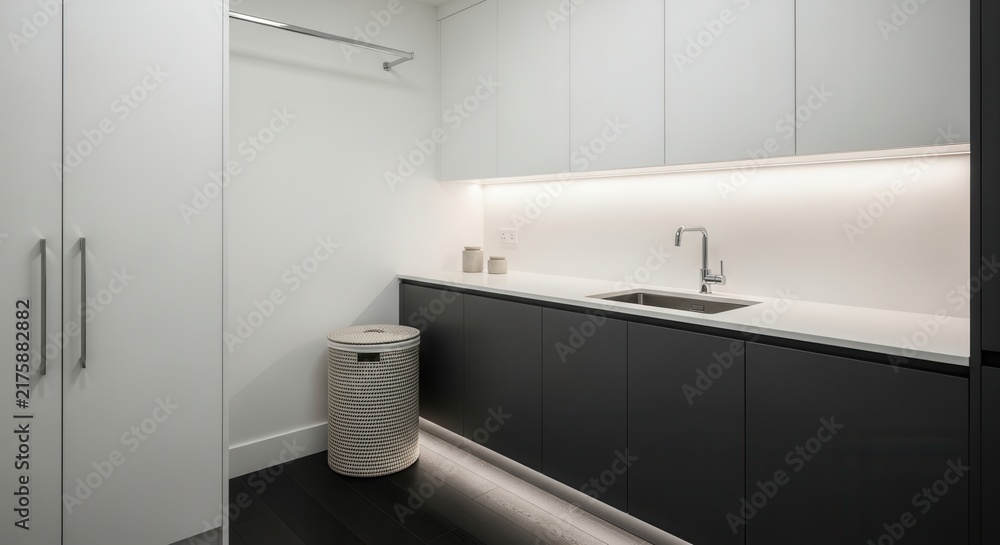 Fototapeta premium Modern Minimalist Laundry Room With Integrated Sink And Storage