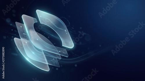 Abstract digital technology background with glowing translucent layered shapes and data lines