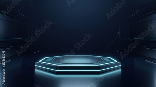 Futuristic empty product display podium with glowing blue neon lights in a dark scifi room