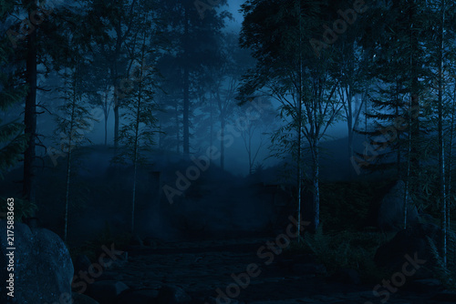Fotografie 3D Rendering of a misty forest with old stone stairs in the middle of the night