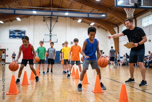 Children work on their basketball skills in a gym during a summer camp. They dribble balls and navigate around cones with a coach giving instructions and support