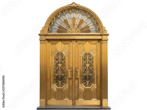 An ornate golden double door with an arched transom window and intricate metalwork patterns isolated on a black background, for architecture isolated on a transparent background
