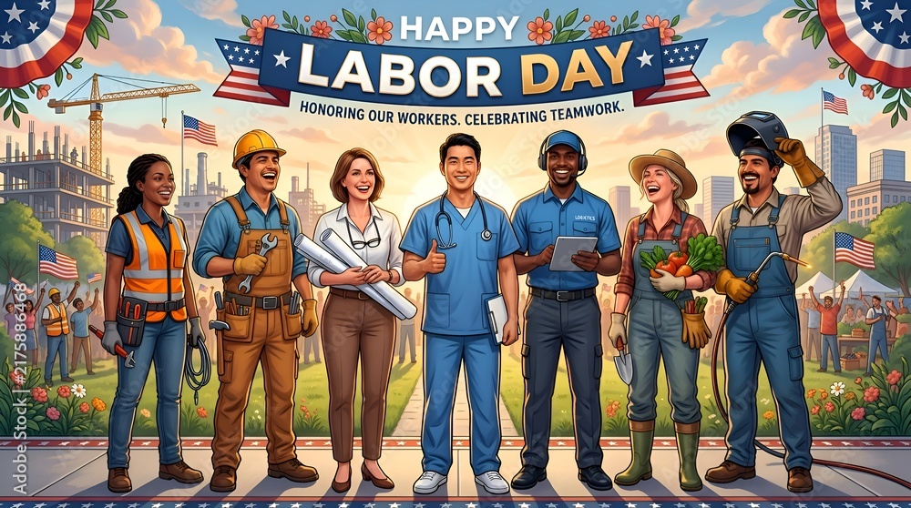 Obraz premium Happy Labor Day Diverse Workers Celebrating American Teamwork