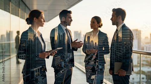 Business team discussing strategy with city skyline overlay