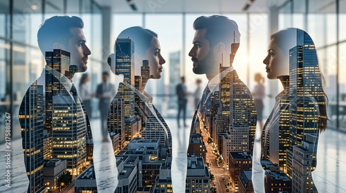 Business Team Collaboration with Cityscape Double Exposure