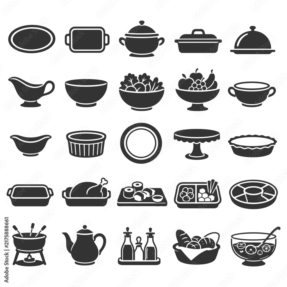 Obraz premium Silhouette icons of diverse kitchen and serving dishes, bakeware, bowls, and utensils.