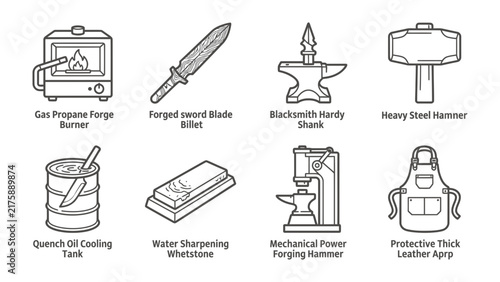 фотографія Blacksmith Tools Collection: A comprehensive set of tools for blacksmithing, including a gas forge, anvil, hammer, quench tank, sharpening stone, power hammer, and leather apron
