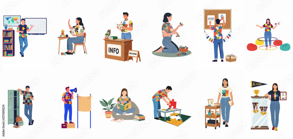 Fototapeta premium Flat vector illustrations of various school and classroom activities featuring students and teachers in diverse educational scenarios and settings.