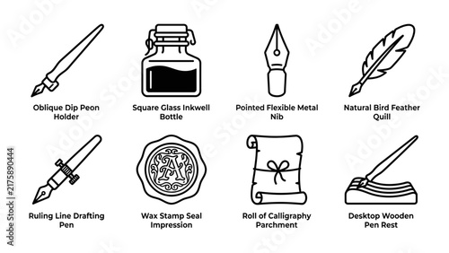 Foto Calligraphy and Writing Tools Collection: A compilation of vintage writing instruments including dip pens, inkwells, nibs, quill, wax seals, and parchment