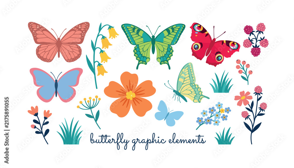 Fototapeta premium Beautiful butterfly vector graphic elements set featuring colorful insects, blooming field flowers, wild berries, green grass tufts isolated on white background