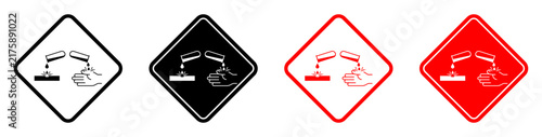 Corrosive hazard warning sign icons showing chemical substance damage to metal and skin for laboratory, industrial safety, chemical labeling and hazard signage.