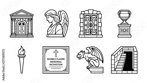 Foto Sepulchral Elements Collection: An artistic compilation of illustrations depicting various sepulchral elements including a mausoleum, an angelic figure, a tomb gate, a funeral urn, a torch