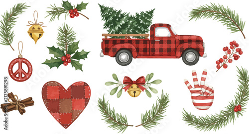 Watercolor christmas collection featuring a red plaid truck carrying a pine tree with festive holly berries and holiday ornaments isolated