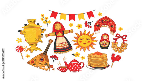 Cuadro en lienzo Russian Maslenitsa festival vector elements set with samovar, pancakes, straw do