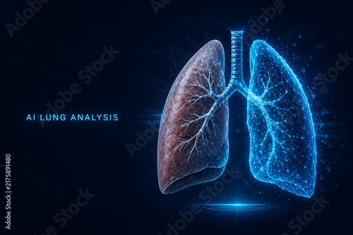 Digital analysis of human lungs comparing biological tissue with a glowing holographic scan. AI healthcare analysis respiratory healthcare pulmonary technology hologram. AI healthcare
