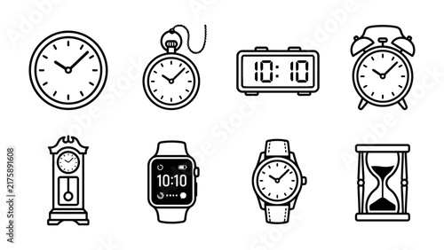 Various Timekeeping Devices: A collection of diverse clocks and watches, including an analog wall clock, a pocket watch, a digital alarm clock, a traditional alarm clock, a grandfather clock.