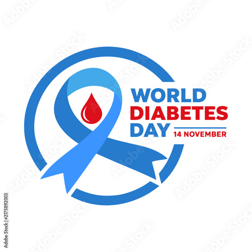 World Diabetes Day Awareness Design with Blue Ribbon, Red Blood Drop and November 14 Date, Global Diabetes Prevention Healthcare Concept