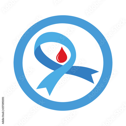 Blue Diabetes Awareness Ribbon with Red Blood Drop Medical Symbol on White Background, Minimal World Diabetes Day Healthcare Concept