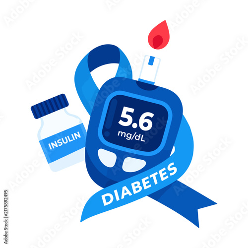 Diabetes Awareness Illustration with Glucose Meter, Insulin Bottle, Syringe and Blue Ribbon, Blood Sugar Monitoring and Diabetes Care Concept