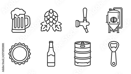 Obraz na plátně Beer Icons: A collection of line art icons representing the brewing and drinking of beer, including a mug, hops, tap, fermenter, cap, bottle, keg, and opener