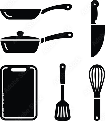 Kitchen Utensils Set with Pan Board Knife Spatula Whisk Icon VectorKitchen Utensils Set with Pan Board Knife Spatula Whisk Icon Vector