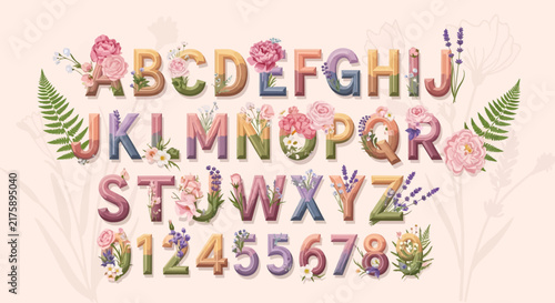 Floral Alphabet Letters and Numbers Set with Delicate Flowers and Leaves