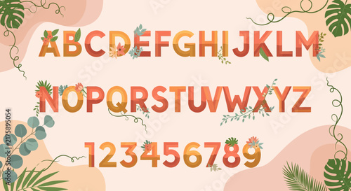 Floral Alphabet Letters and Numbers Set with Tropical Leaves - Elegant Design