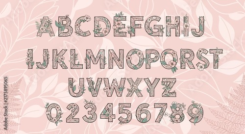 Floral Alphabet Letters & Numbers on Pink Background, Botanical Font Design
