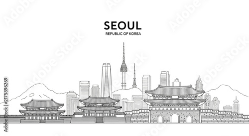 Seoul Skyline: Iconic South Korean landmarks in a minimalist line drawing.