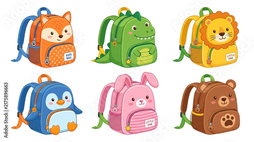 Cute Animal Backpacks Vector Set – Kids School Bags Illustration with Fox, Dinosaur, Lion, Penguin, Rabbit, and Bear
