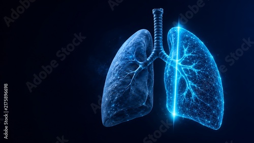 Glowing digital human lungs hologram representing respiratory system diagnostics. AI healthcare with respiratory hologram technology healthcare diagnostic breathing pulmonary. AI. healthcare