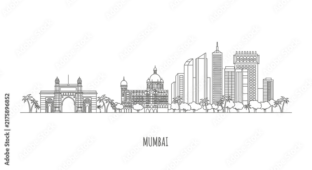 Fototapeta premium Mumbai Skyline Silhouette - Iconic Landmarks and Modern Architecture Line Art