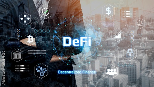 Konstfotografi Modern Concept of Decentralized Finance with Cryptocurrency Symbols and Digital Elements in Urban Environment Showcasing the Future of Financial Transactions