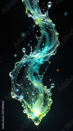 Flowing abstract fluid form in teal and green curves across a black background, surrounded by bubbles, droplets, and luminous specks.