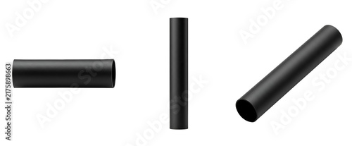 Three black cylindrical tubes in different orientations on transparent background