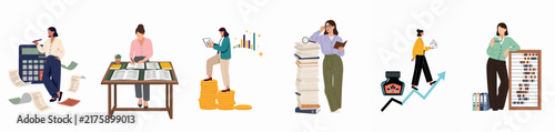 Diverse collection of professional businesswomen illustrations focused on finance, accounting, auditing, and office-related tasks.