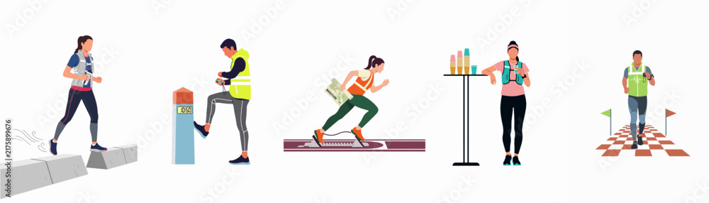 Naklejka premium Set of illustrations depicting athletes participating in an orienteering race, including running with maps, checking control points, and reaching the finish line.